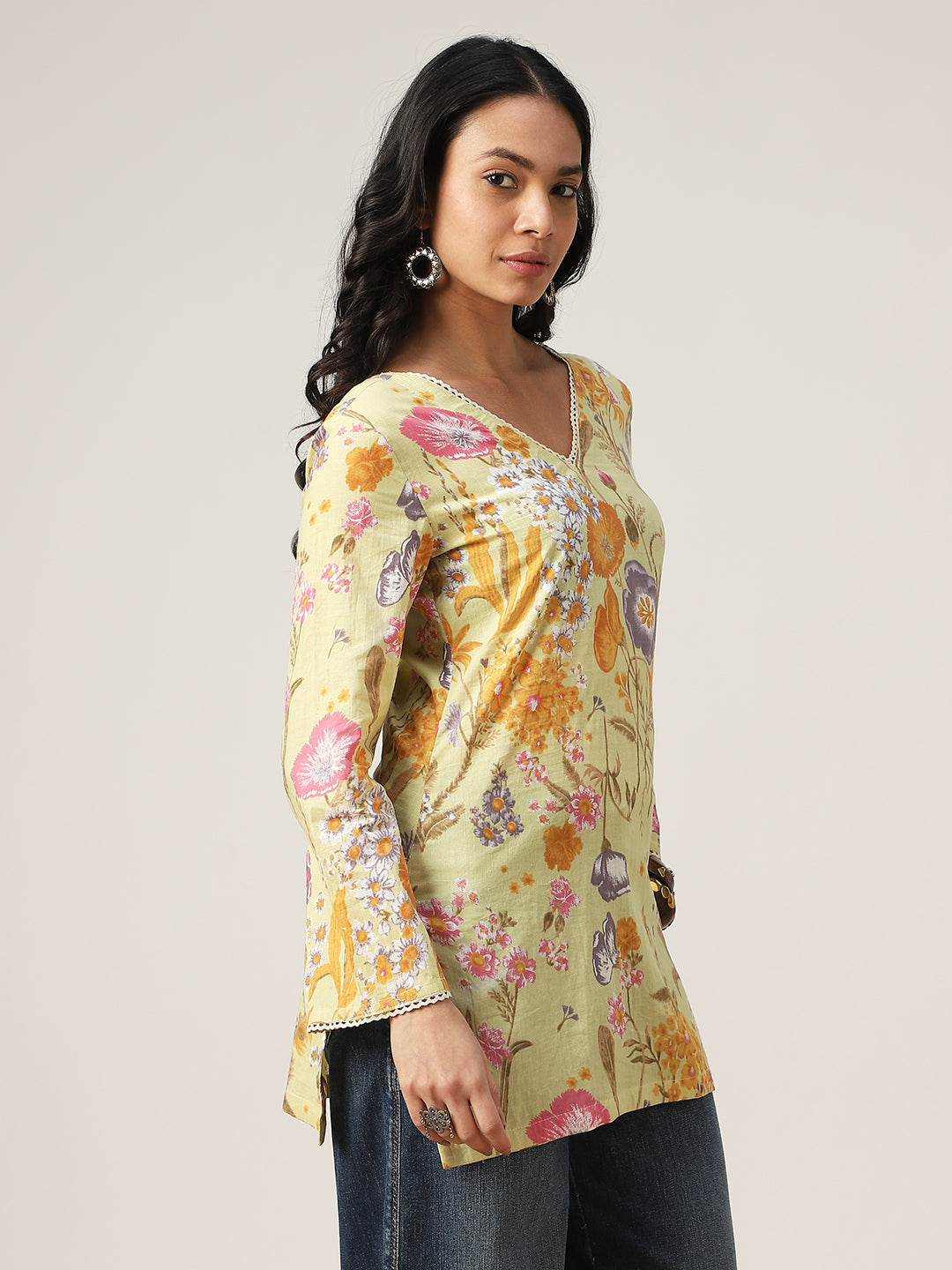 Straight Printed Cotton V-Neck Top