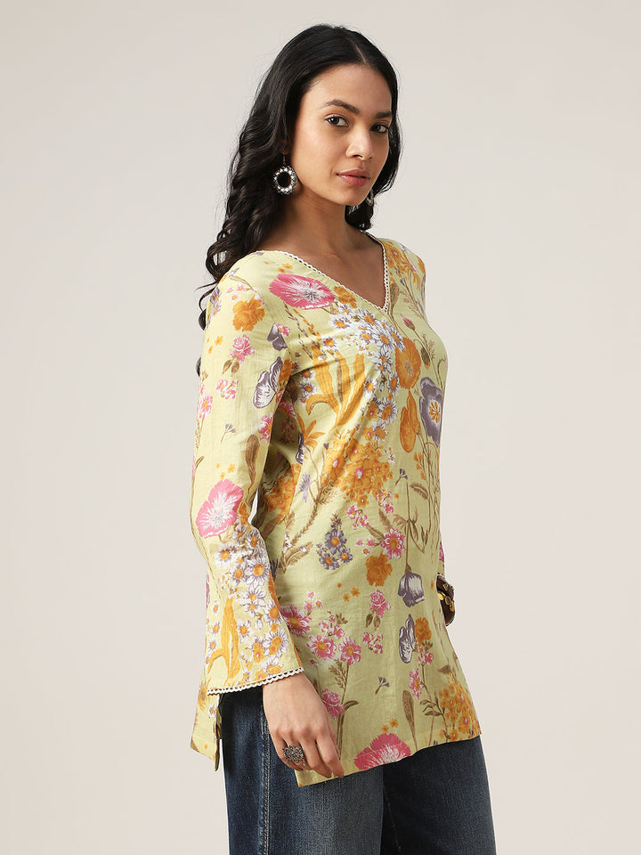 Straight Printed Cotton V-Neck Top