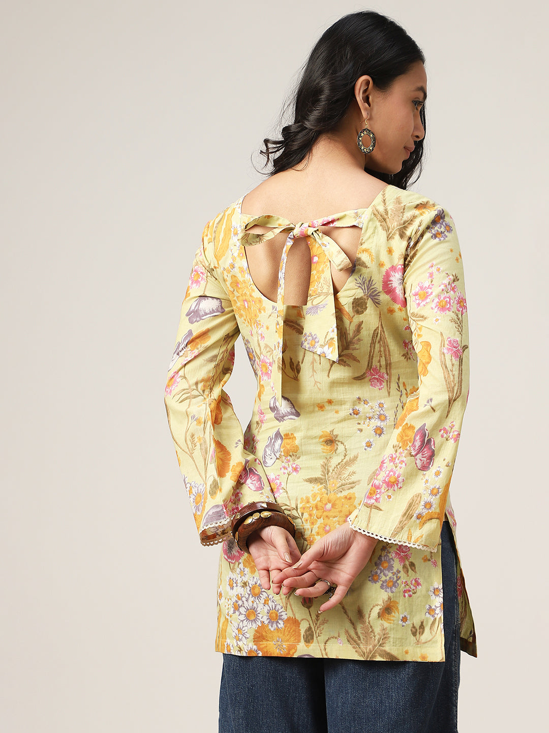 Straight Printed Cotton V-Neck Top