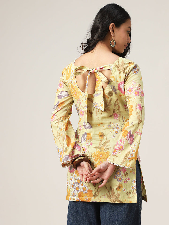 Straight Printed Cotton V-Neck Top