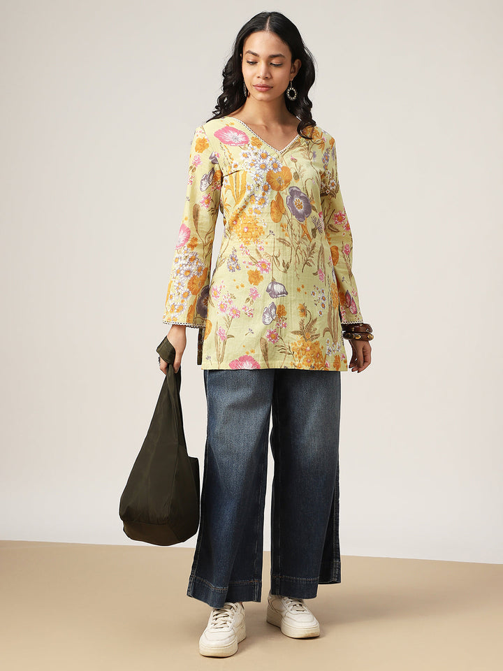 Straight Printed Cotton V-Neck Top