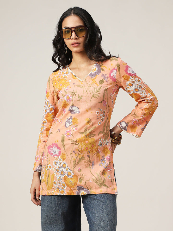 Straight Printed Cotton V-Neck Top