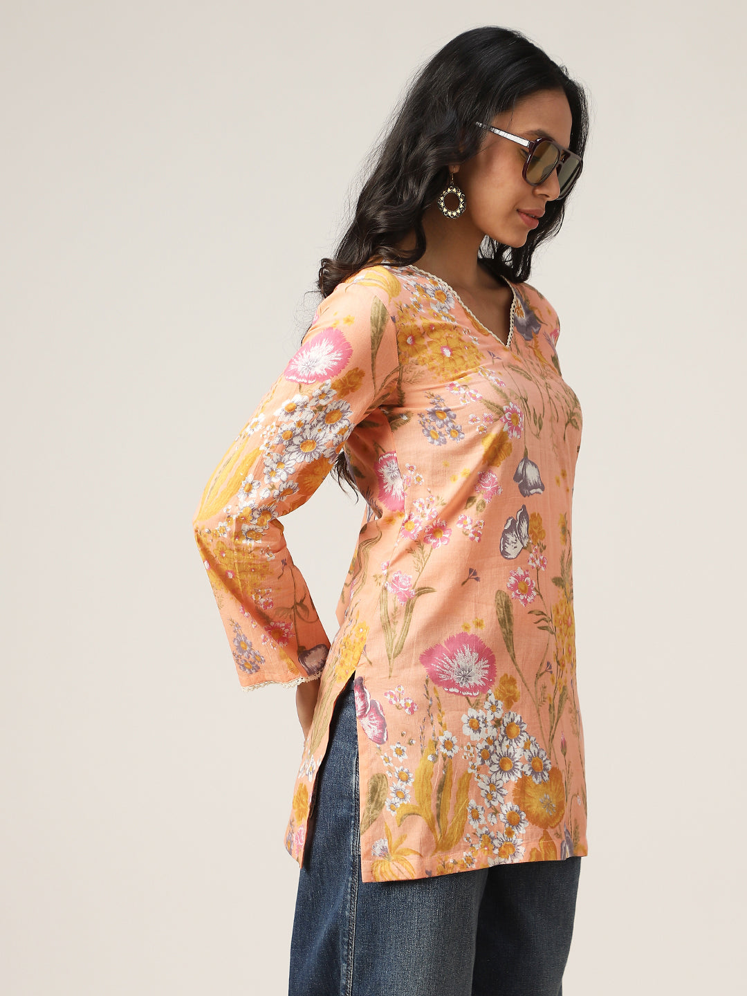 Straight Printed Cotton V-Neck Top