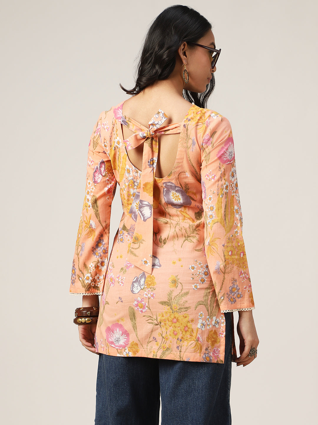 Straight Printed Cotton V-Neck Top
