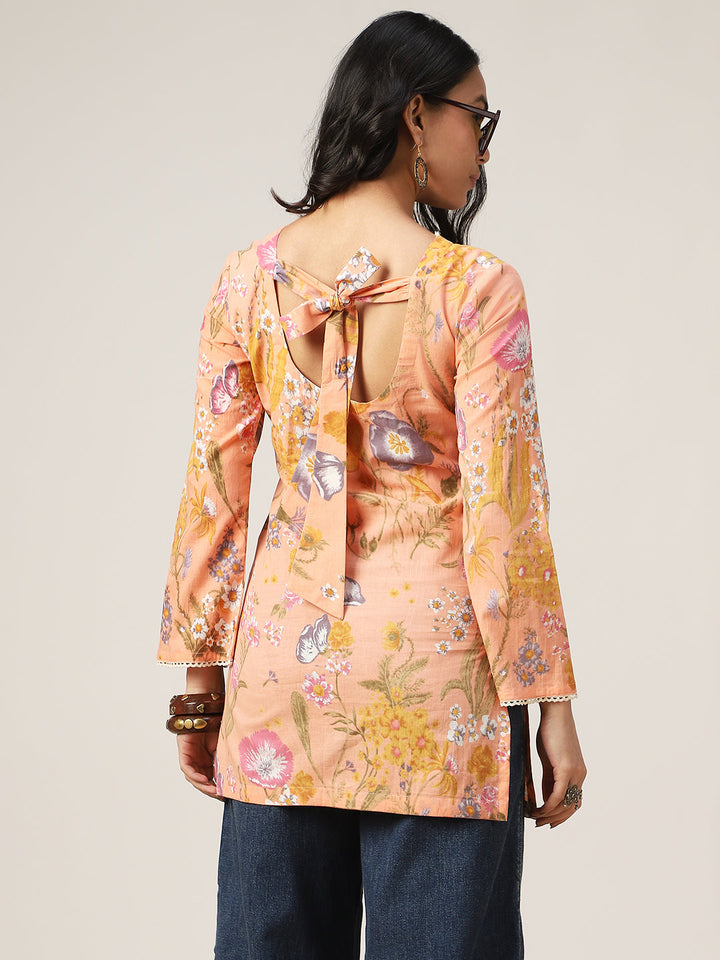 Straight Printed Cotton V-Neck Top