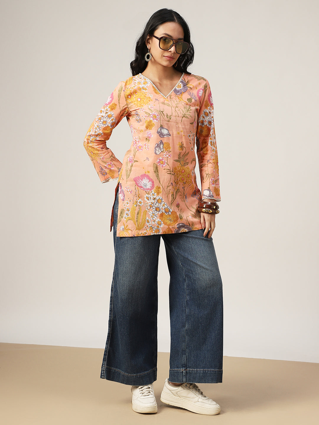 Straight Printed Cotton V-Neck Top