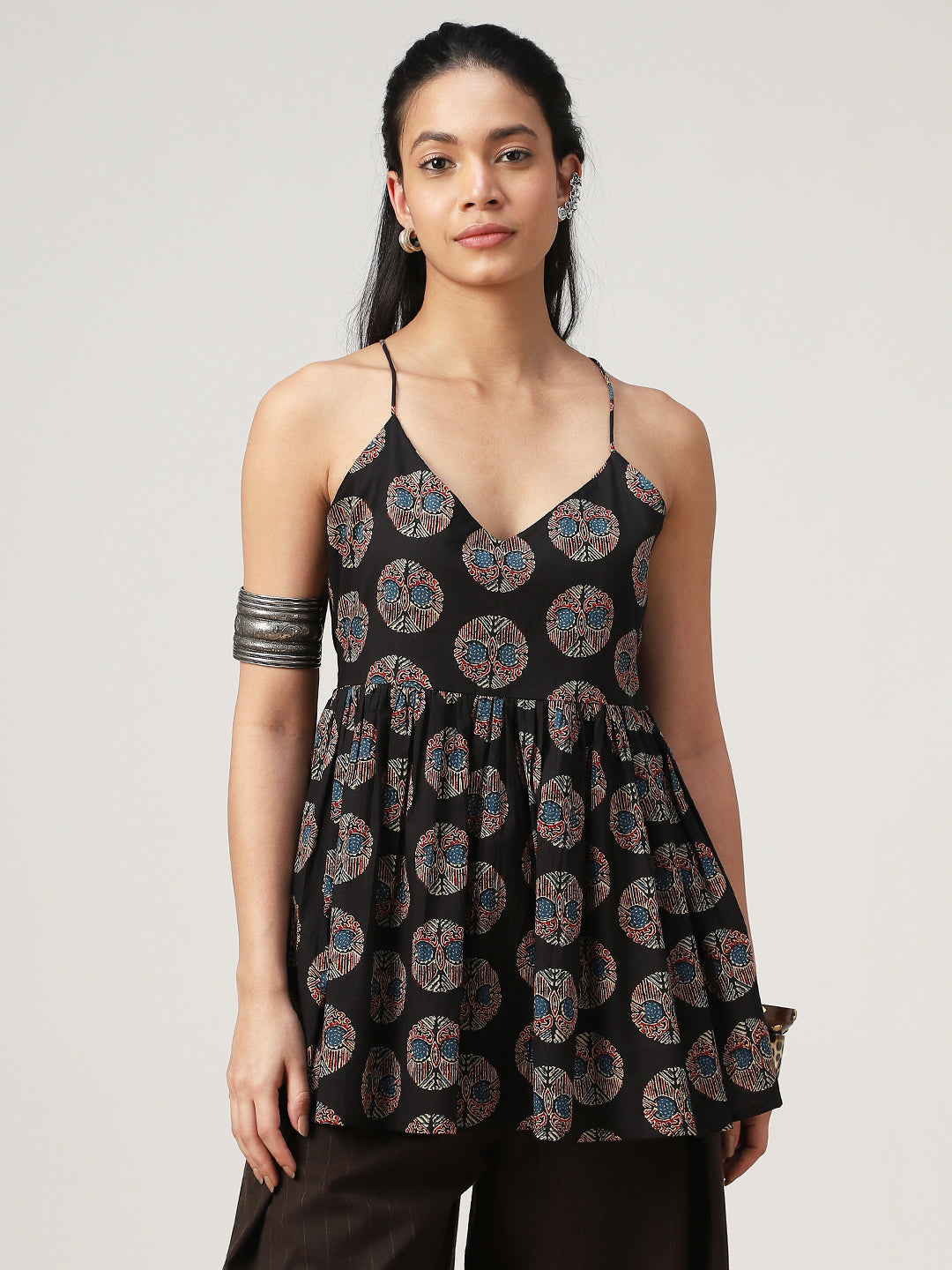 Flared Printed Cotton V-Neck Top