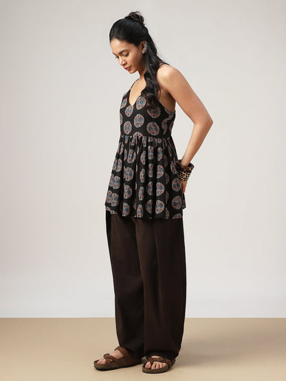 Flared Printed Cotton V-Neck Top