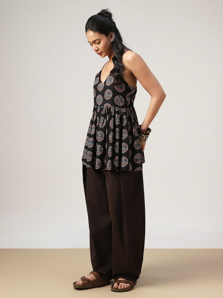 Flared Printed Cotton V-Neck Top