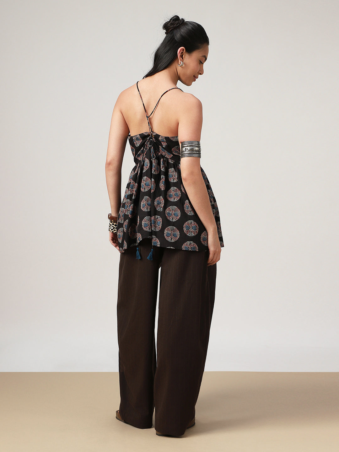 Flared Printed Cotton V-Neck Top