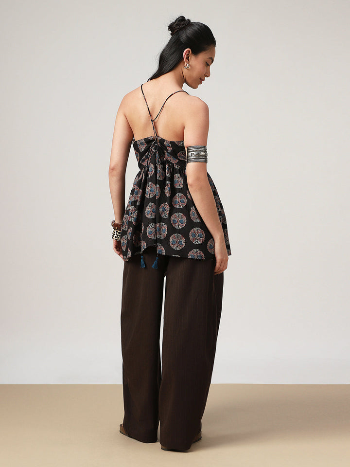 Flared Printed Cotton V-Neck Top