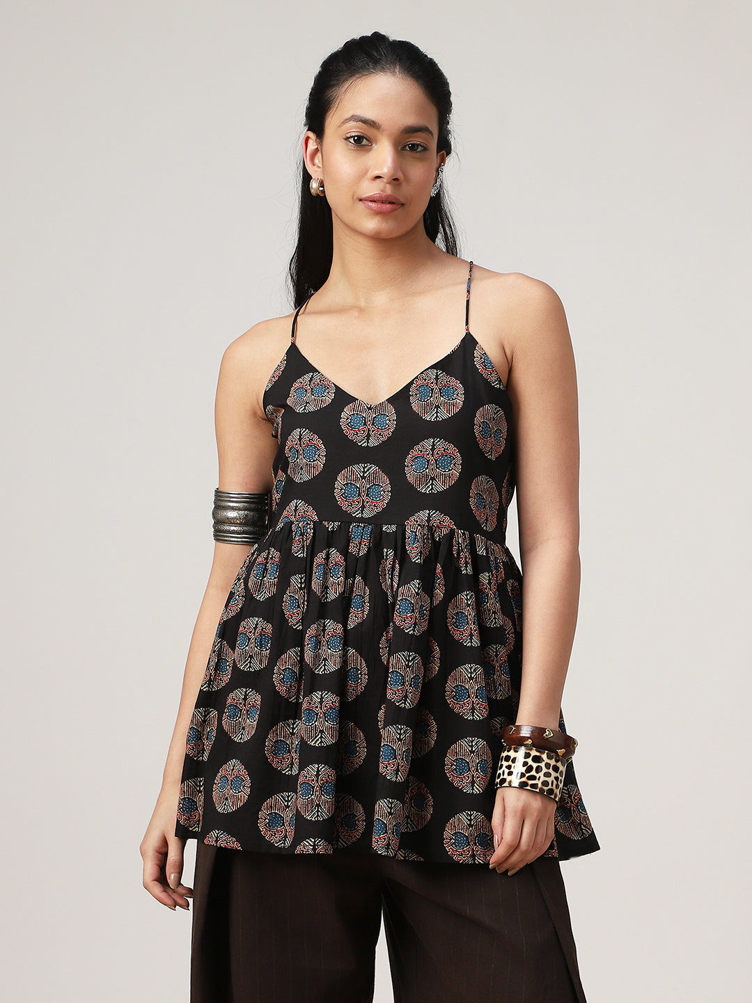 Flared Printed Cotton V-Neck Top