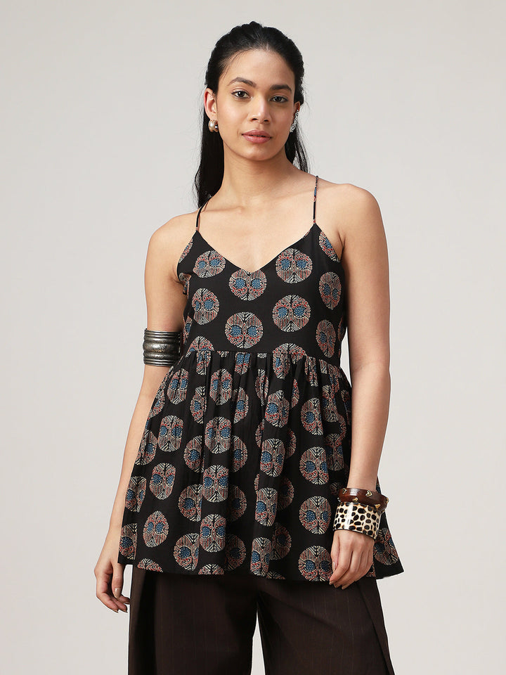 Flared Printed Cotton V-Neck Top