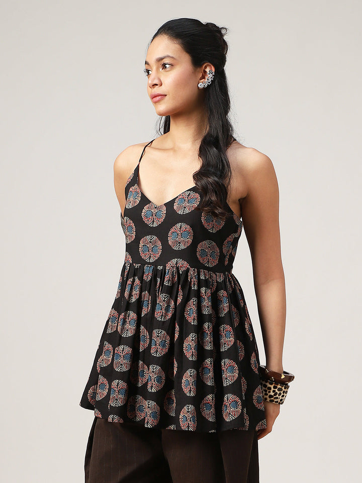 Flared Printed Cotton V-Neck Top