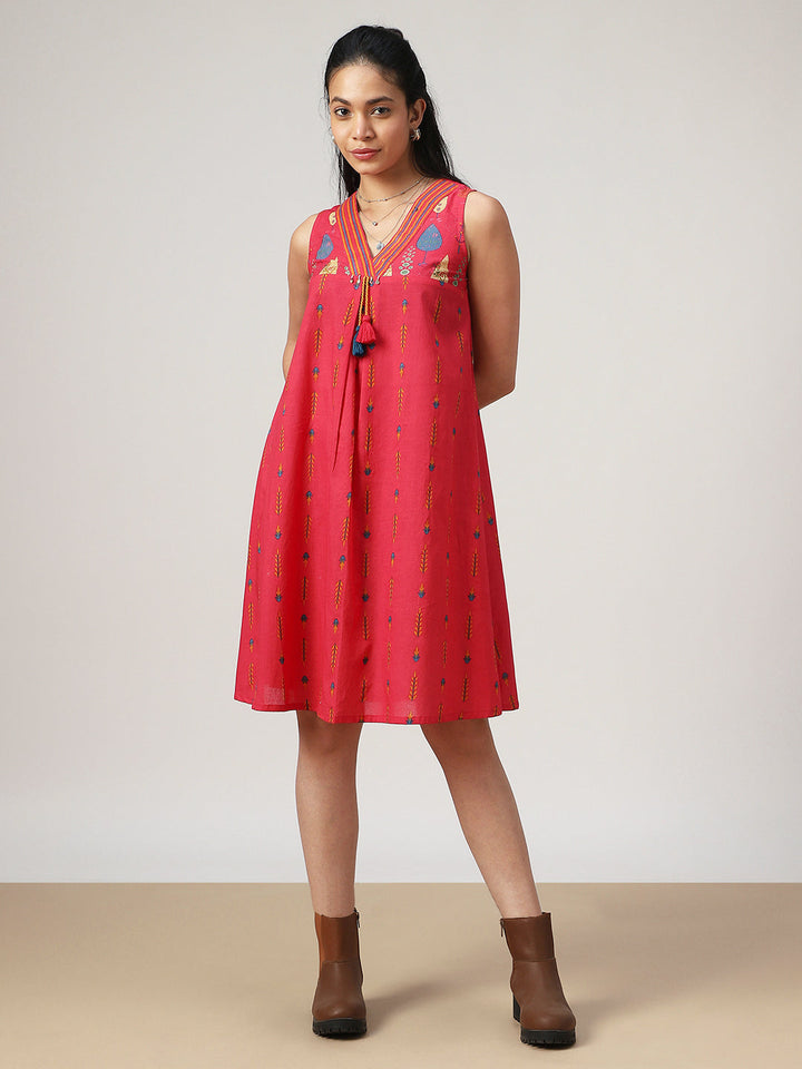 Flared Printed Cotton V-Neck Dress