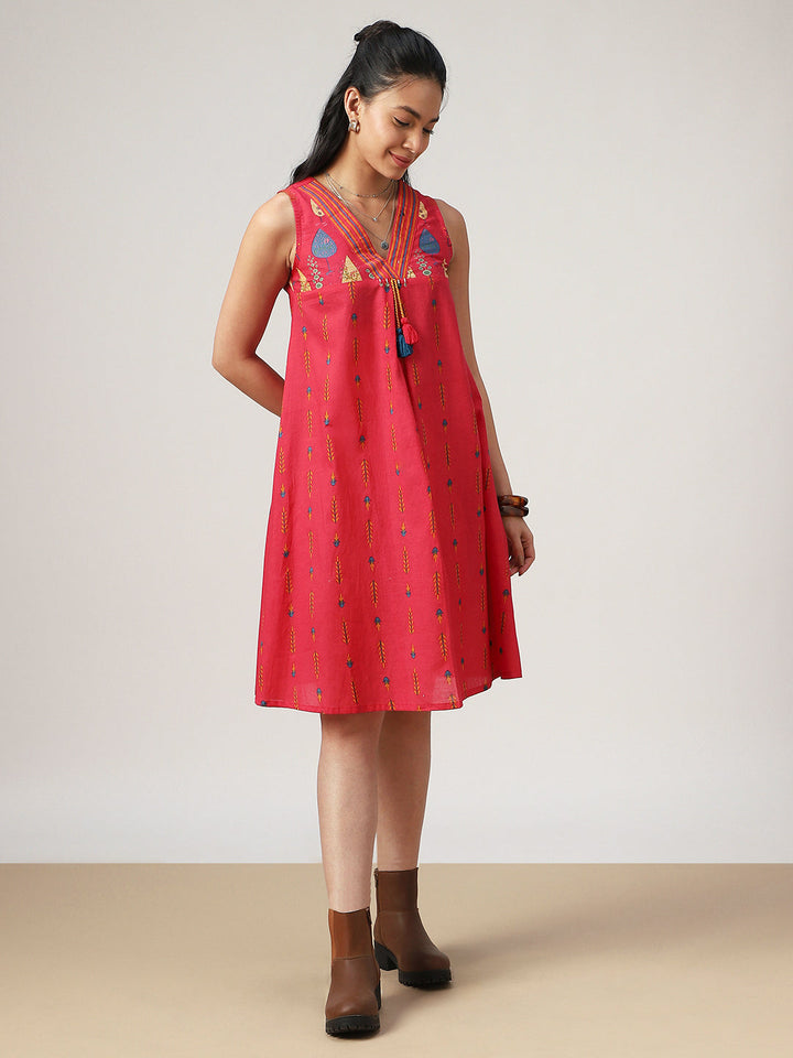Flared Printed Cotton V-Neck Dress