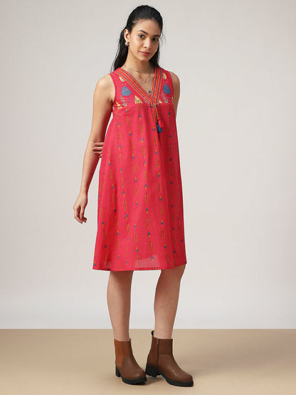 Flared Printed Cotton V-Neck Dress