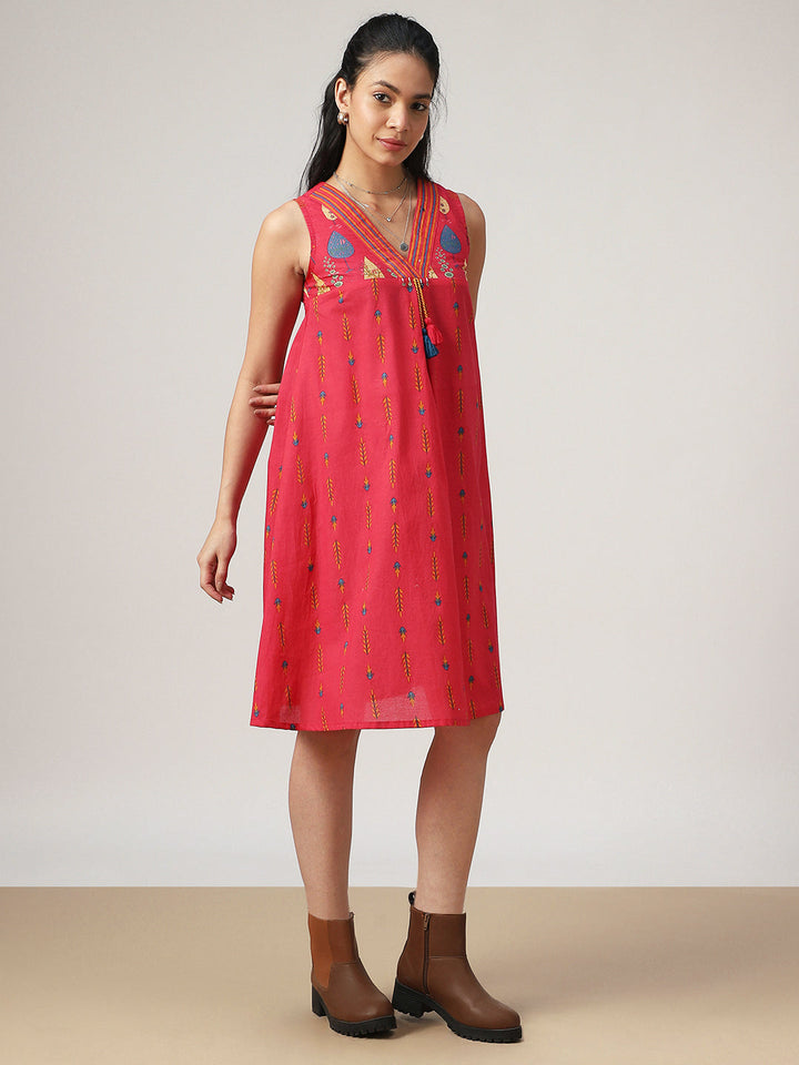 Flared Printed Cotton V-Neck Dress