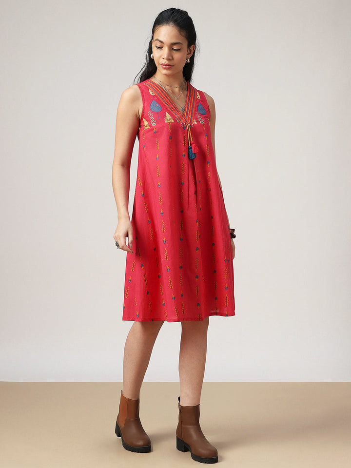 Flared Printed Cotton V-Neck Dress