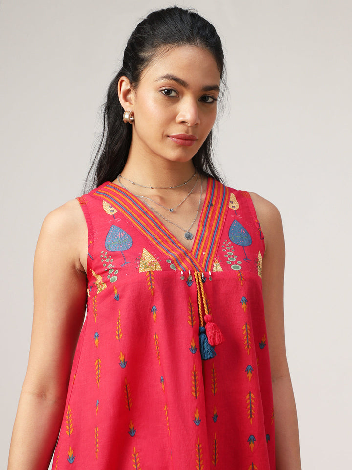 Flared Printed Cotton V-Neck Dress