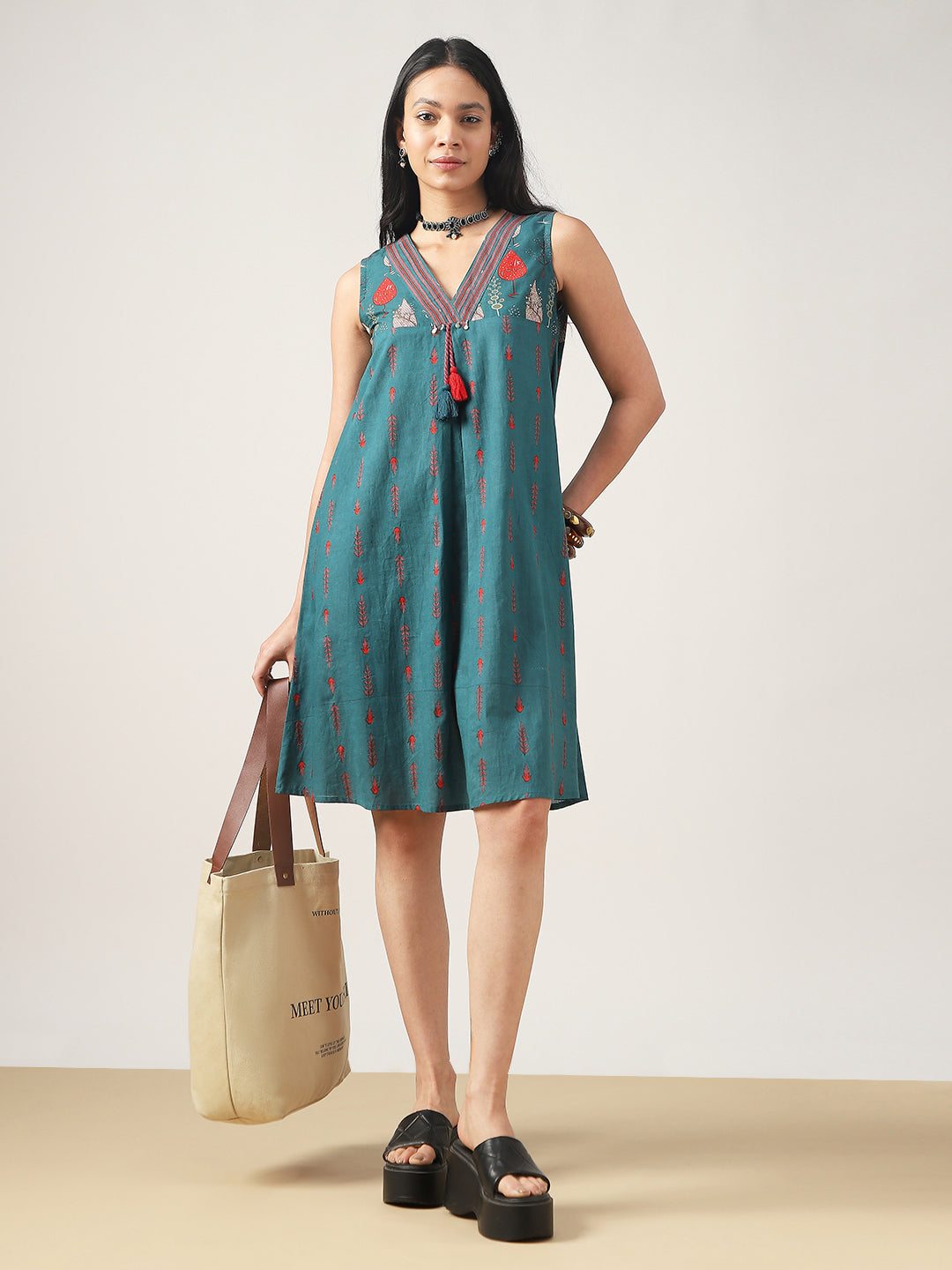 Flared Printed Cotton V-Neck Dress