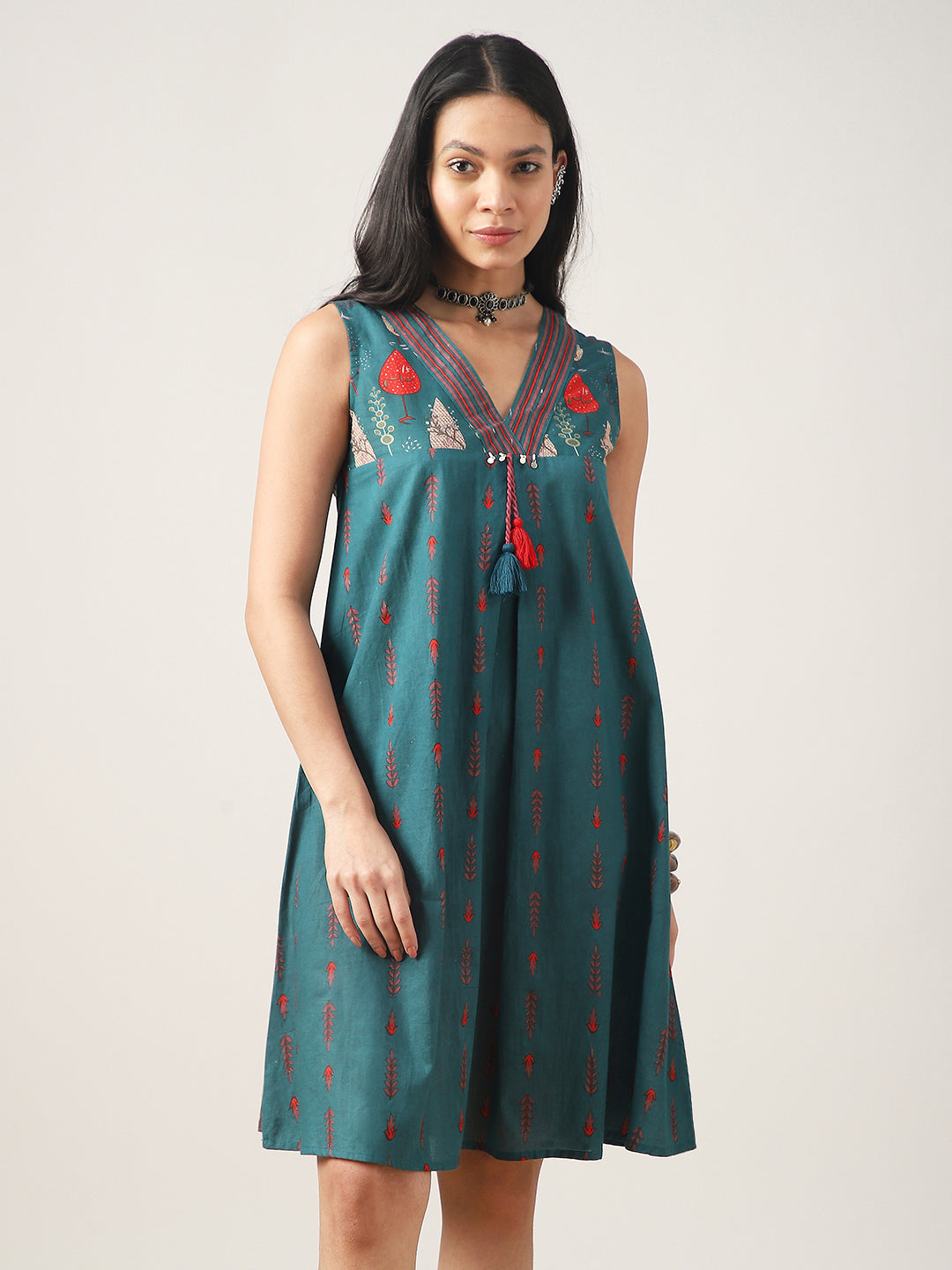 Flared Printed Cotton V-Neck Dress