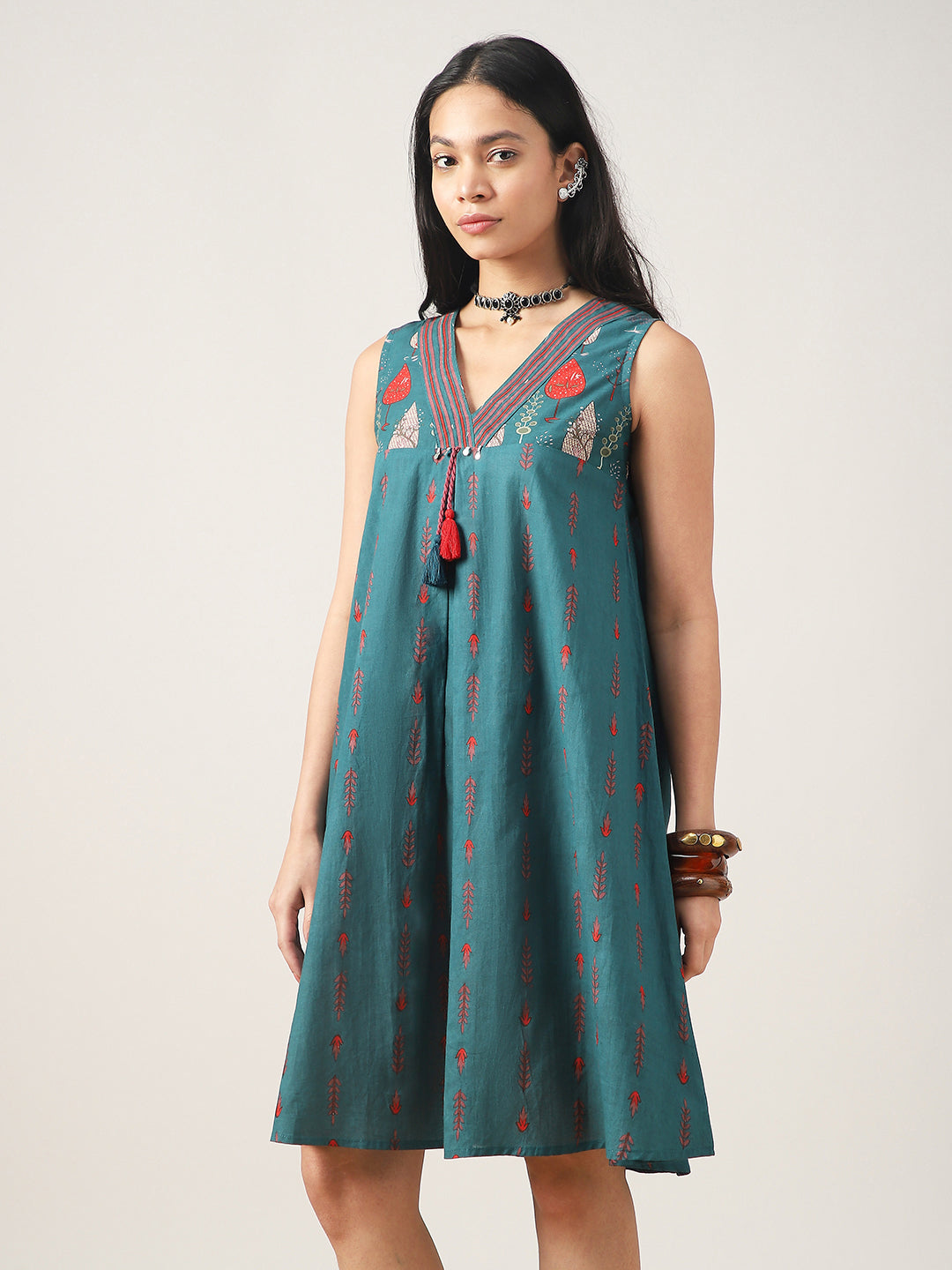 Flared Printed Cotton V-Neck Dress