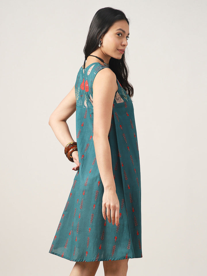 Flared Printed Cotton V-Neck Dress