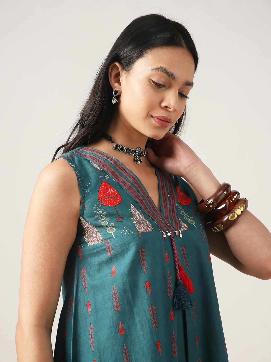 Flared Printed Cotton V-Neck Dress
