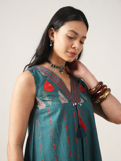 Flared Printed Cotton V-Neck Dress