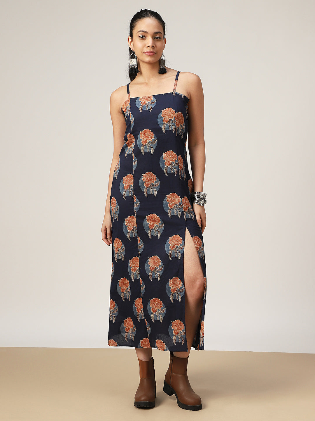 Straight Printed Cotton Square Neck Dress