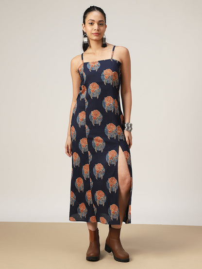Straight Printed Cotton Square Neck Dress