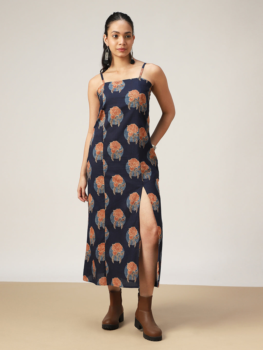 Straight Printed Cotton Square Neck Dress