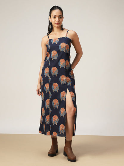 Straight Printed Cotton Square Neck Dress