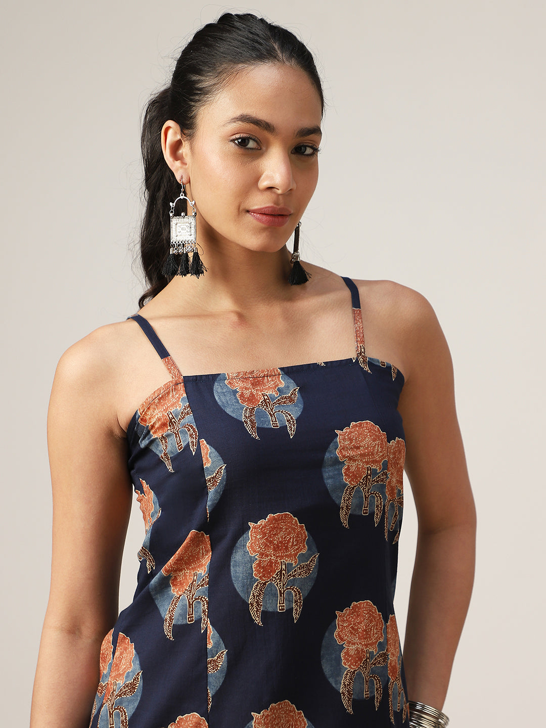 Straight Printed Cotton Square Neck Dress