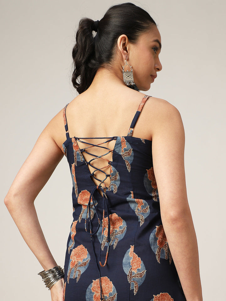 Straight Printed Cotton Square Neck Dress