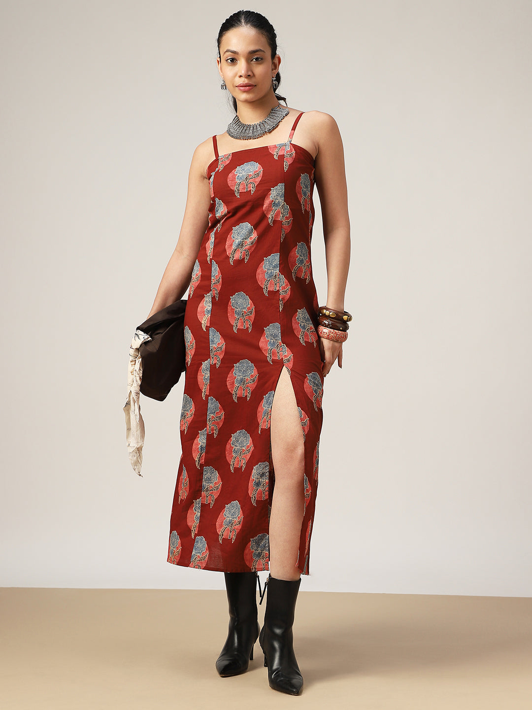 Straight Printed Cotton Square Neck Dress
