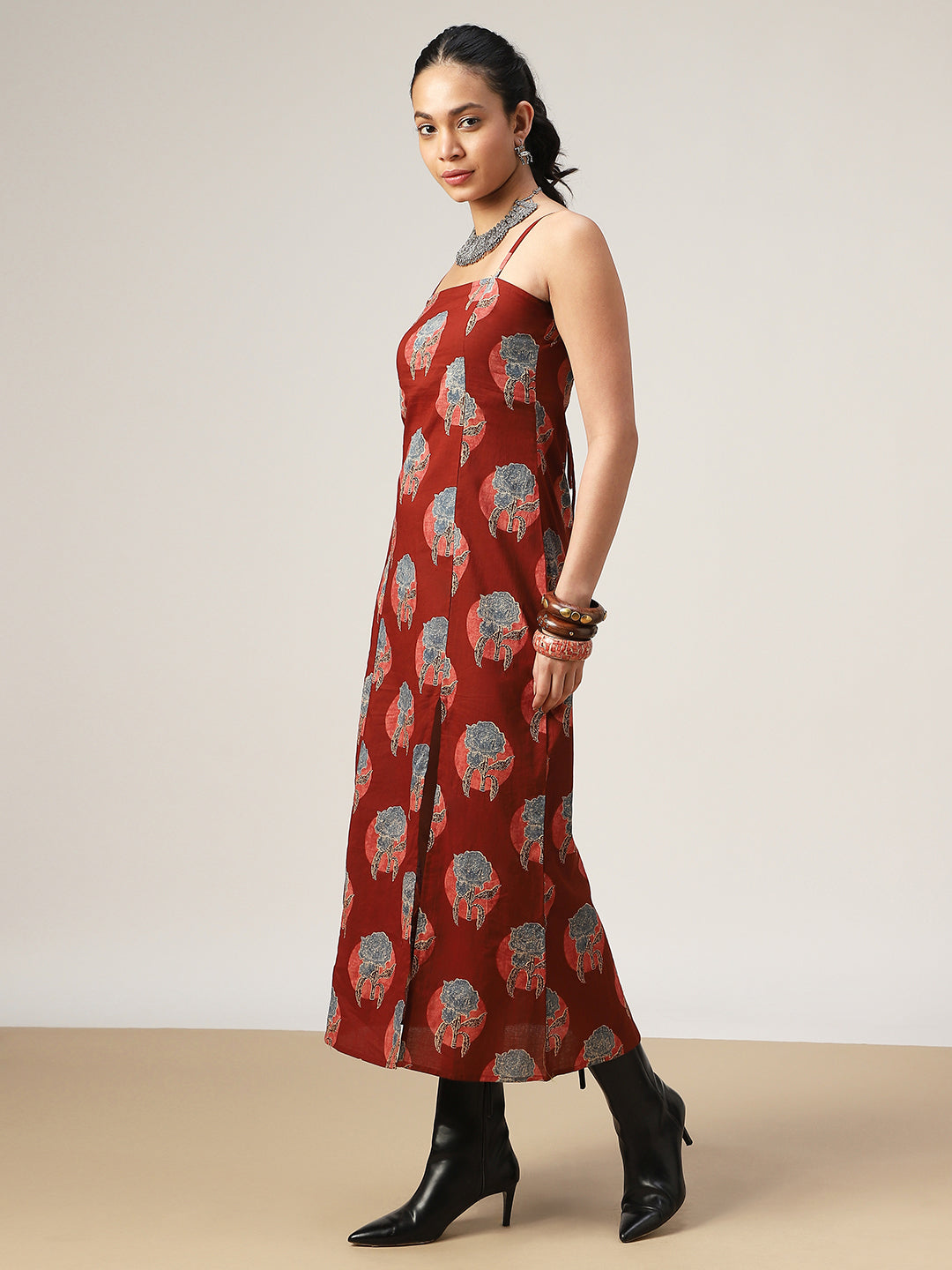 Straight Printed Cotton Square Neck Dress