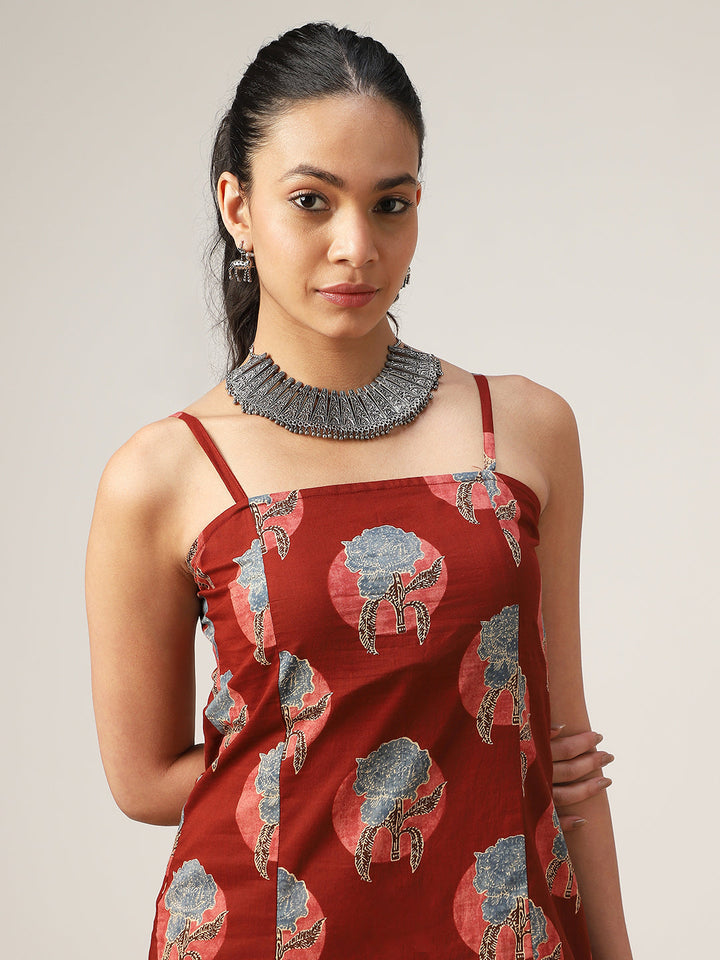 Straight Printed Cotton Square Neck Dress