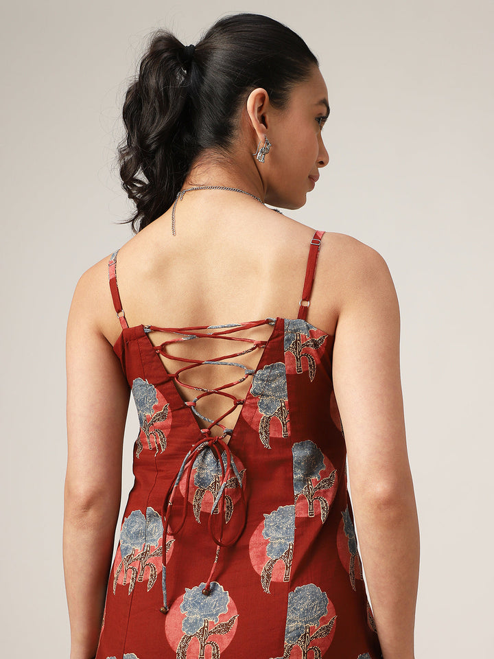 Straight Printed Cotton Square Neck Dress
