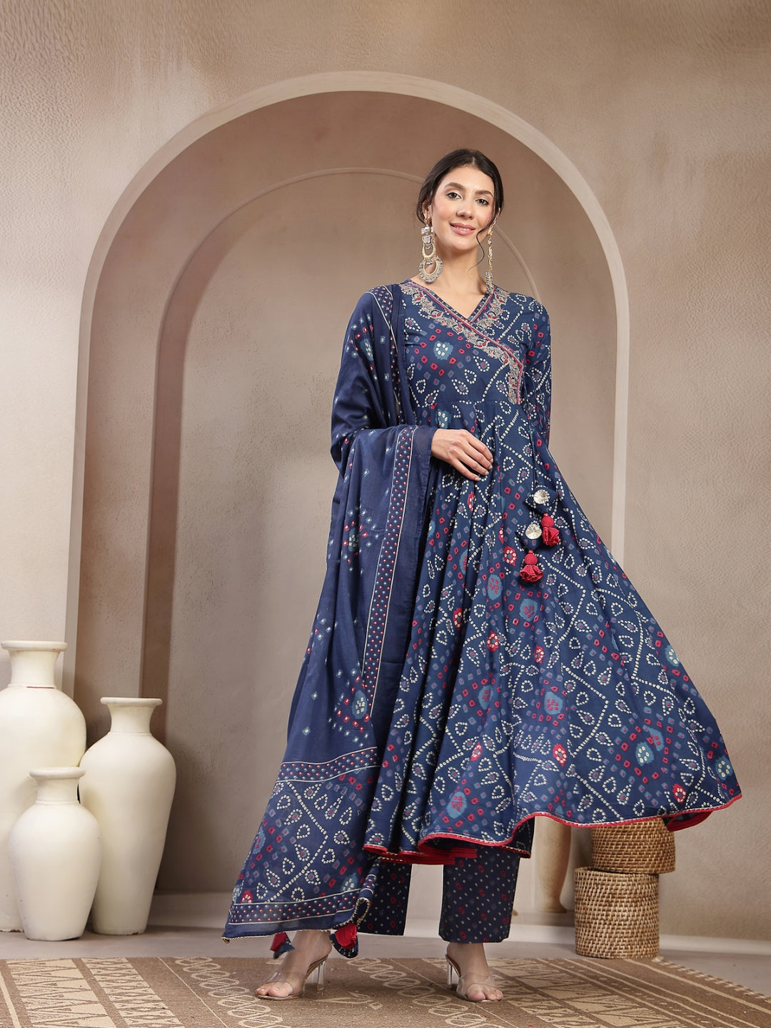 Flared Cotton Printed Kurta Set With Dupatta