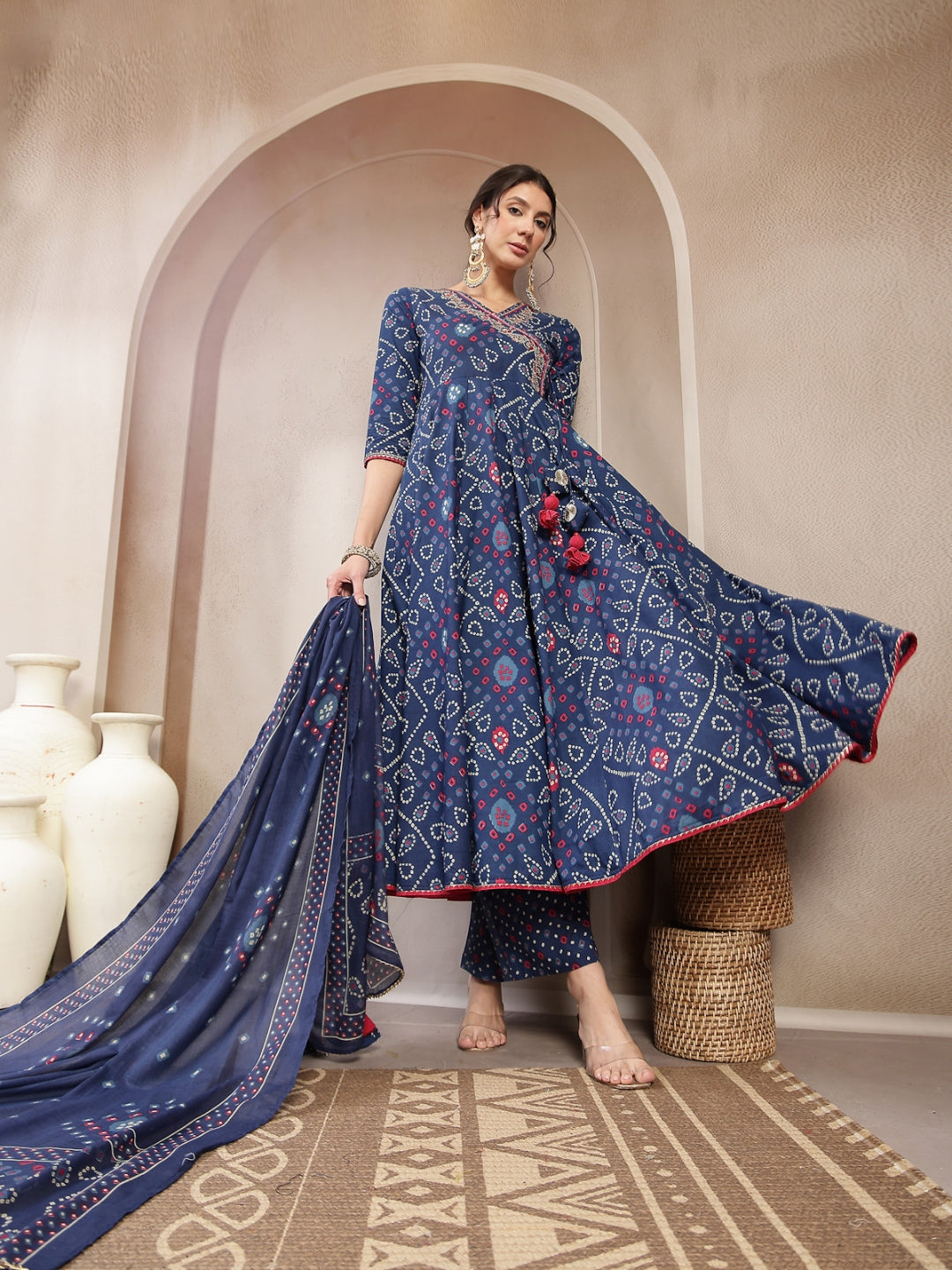 Flared Cotton Printed Kurta Set With Dupatta