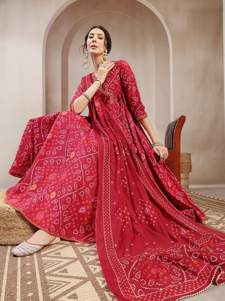 Flared Cotton Printed Kurta Set With Dupatta