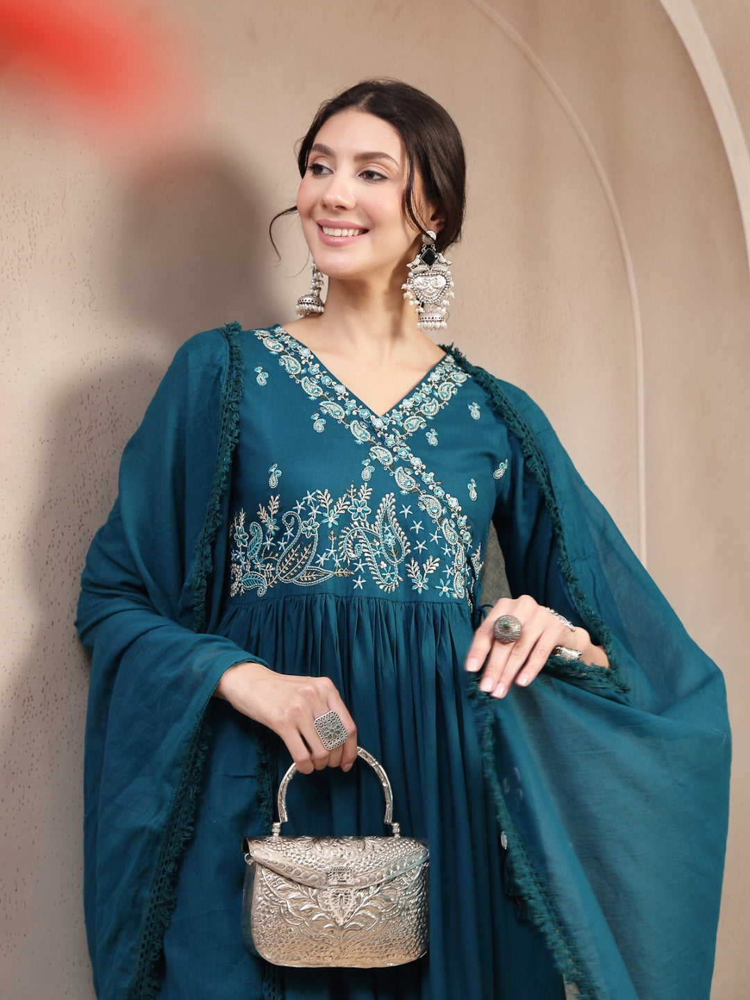 Flared Rayon Solid Kurta Set With Dupatta
