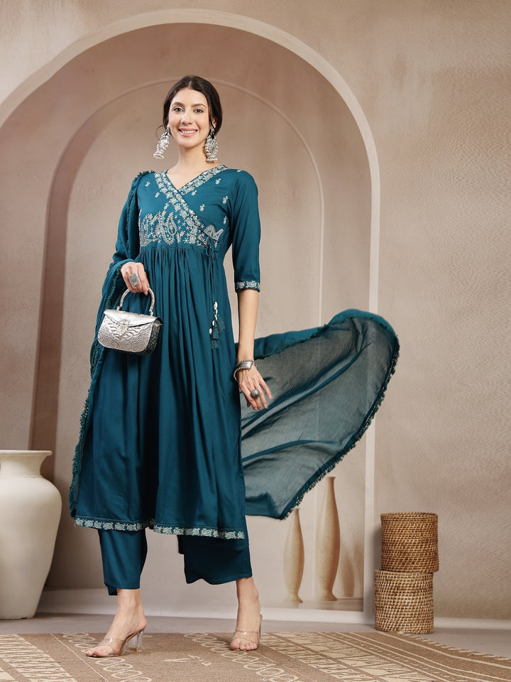 Flared Rayon Solid Kurta Set With Dupatta