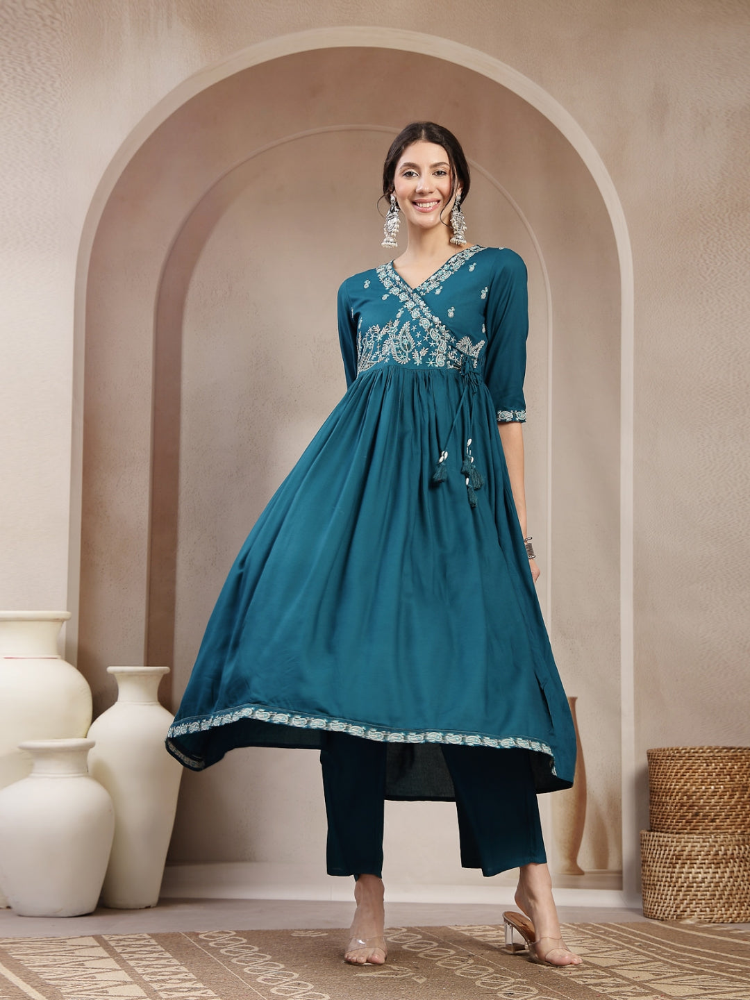 Flared Rayon Solid Kurta Set With Dupatta