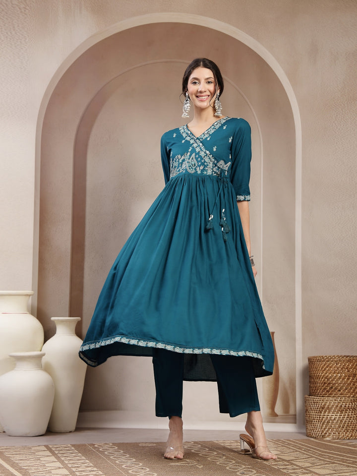 Flared Rayon Solid Kurta Set With Dupatta