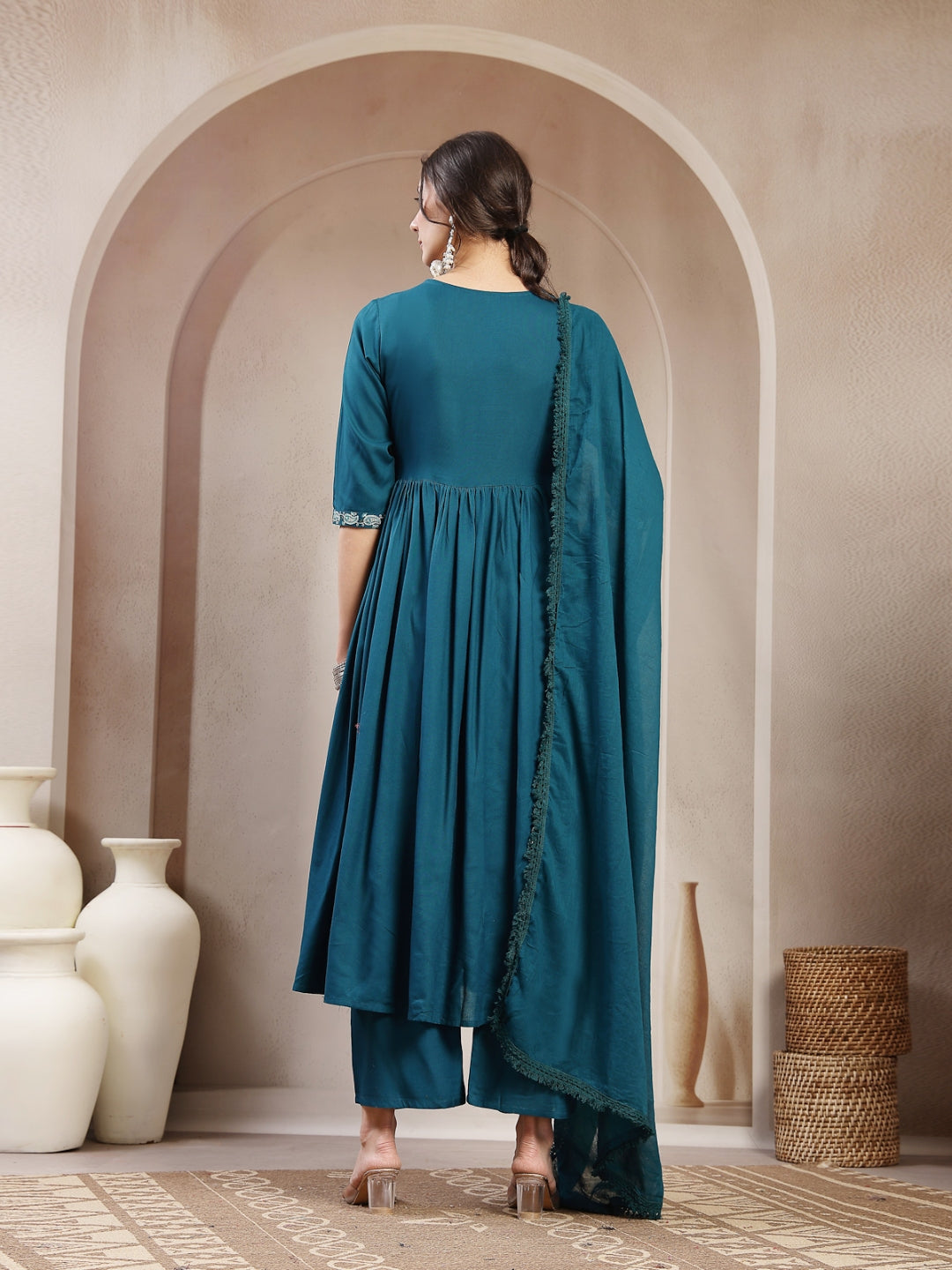 Flared Rayon Solid Kurta Set With Dupatta