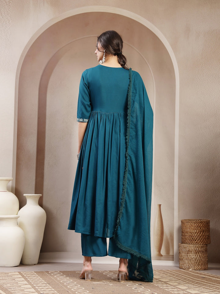 Flared Rayon Solid Kurta Set With Dupatta