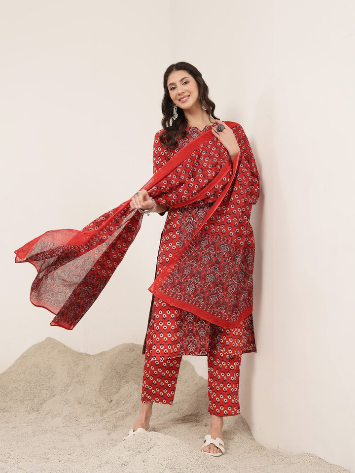 Straight Rayon Printed Kurta Set With Dupatta